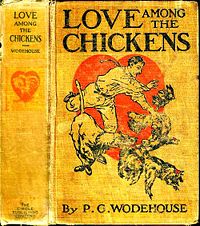Old book cover with man chasing chickens.