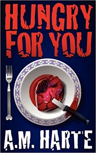 Image of a digital book cover. A bowl rests on a blue table. It has what looks like a human heart in it with a knife stabbing into it.