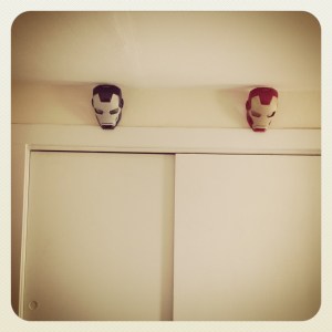 How we decided to mark his/hers on our walk-in closet. Yes, that is Iron Man and Iron Patriot masks. They glow in the dark! Can you guess who is who?