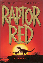 Silhouette of two dinosaurs against a sunset. The book's title "Raptor Red" is in gold letters.