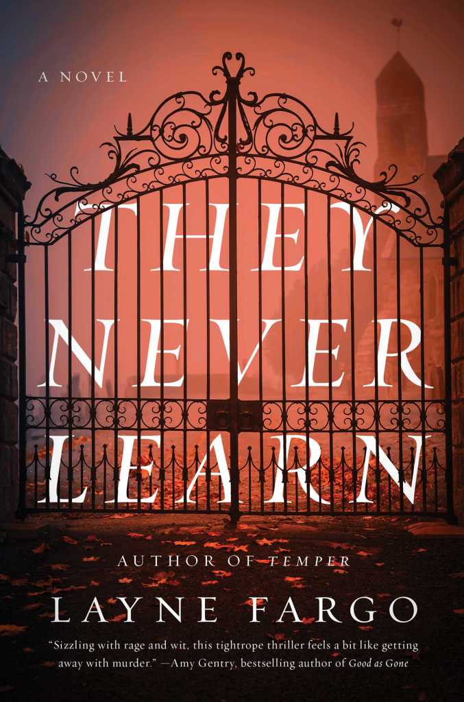 Picture of a digital book cover. A red-tinged foggy photo of a black gate into a university campus. The title of the book - They Never Learn - is imposed over the gate in white font.