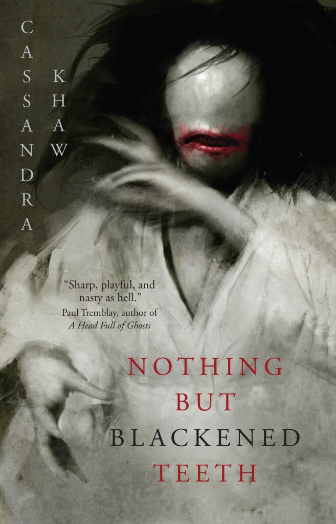 Image of a digital book cover. A woman in a white kimono with no eyes, red smeared lips, and a black maw with no teeth haunts the cover.