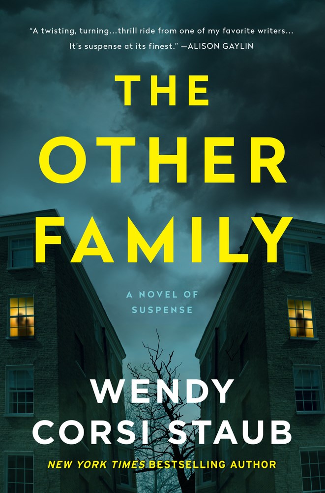 Digital book cover that shows two brick homes side by side with a tree in the middle. Each home shows the silhouette of a person in the window.