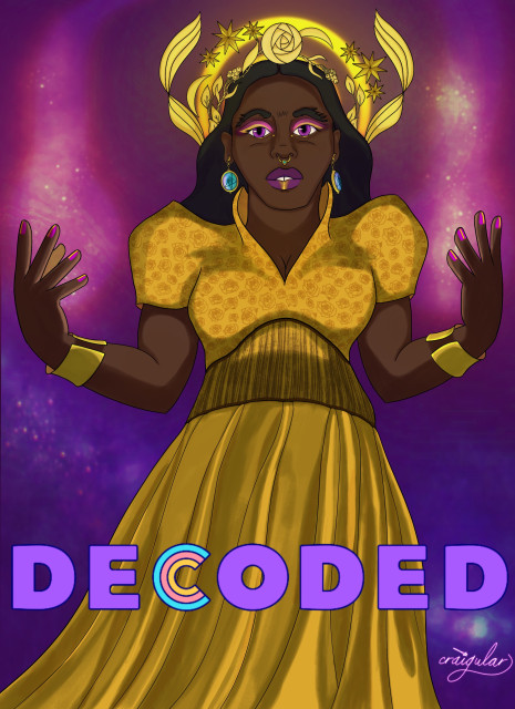 Digital cover of an anthology. A Black person in a gold dress with an ethereal crown stands in front of a pink and purple background.
