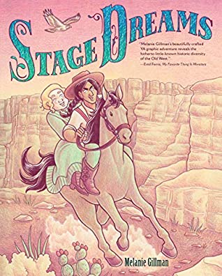Image of a digital book cover. A colored pencil drawing of a Latina woman in a cowboy hat, jeans, and boots riding a light brown horse. Behind her is a white woman with blond hair in a green dress. A hawk flies above them. A Western vista is behind them.