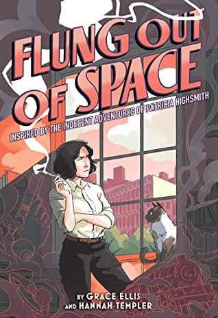 Digital image of a graphic novel cover. A woman with chin-length hair stands in front of a window with a cat beside her. She wears a button-up shirt and pants with a belt. She's smoking a cigarette. A train is visible in the foreground. A city skyline is visible through the window.