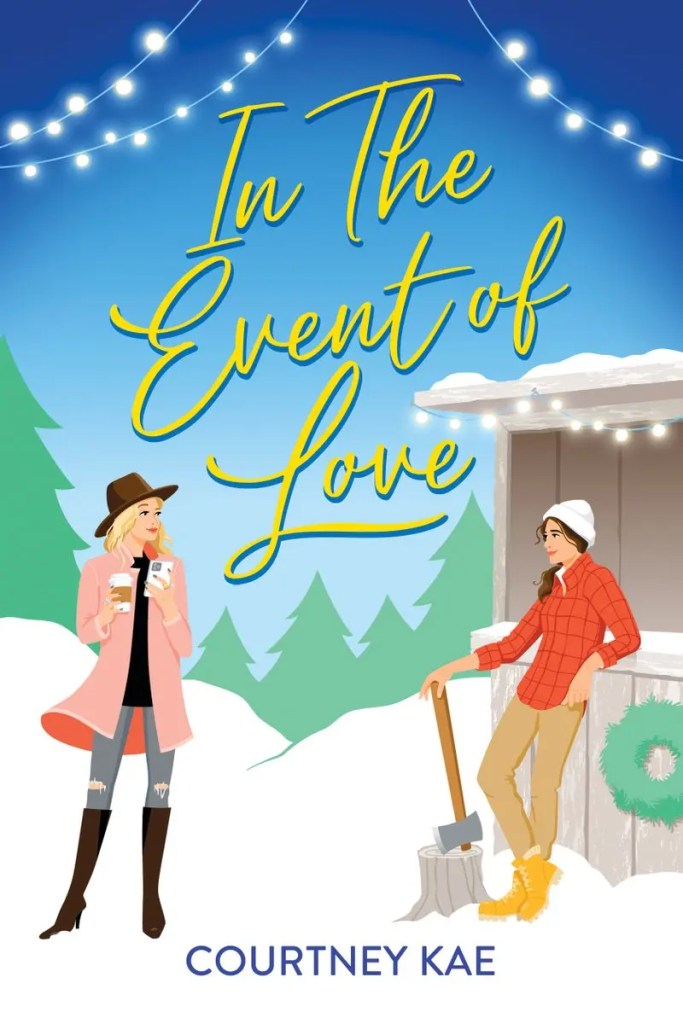 Image of a digital book cover. This is a cartoon style drawing Pine trees make up the background. On the left is a blond white woman in a pink coat, torn jeans, and knee high boots with a cowboy hat. On the right is a brunette woman in a red flannel shirt, khakis, and work boots, holding an axe on a stump. There's a Christmas wreath behind her.