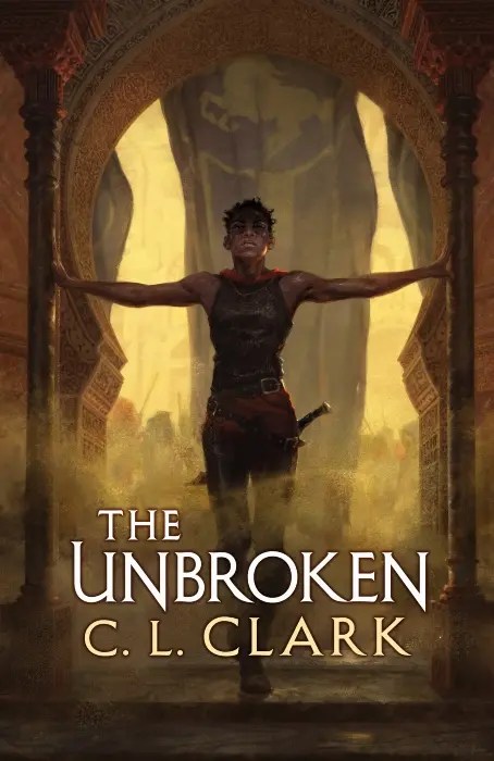 Image of a digital book cover. A Black woman with short hair and muscular arms stands in a keyhole doorway with her arms extended holding each side of it. Sand swirls around her, and she has a weapon on her hip.