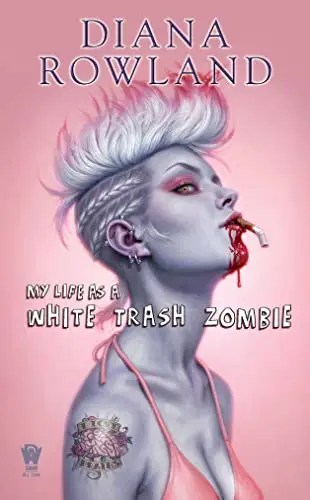 Image of a digital book cover. A white woman with a gray tint to her skin has a white mohawk with pink tint on the ends. Blood drips from her mouth. She has a tattoo on her arm.