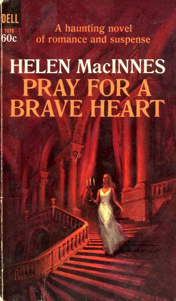 Image of a print book cover. A woman in a white dress holds a candlestick on a staircase. It is labeled "A haunting novel of romance and suspense."