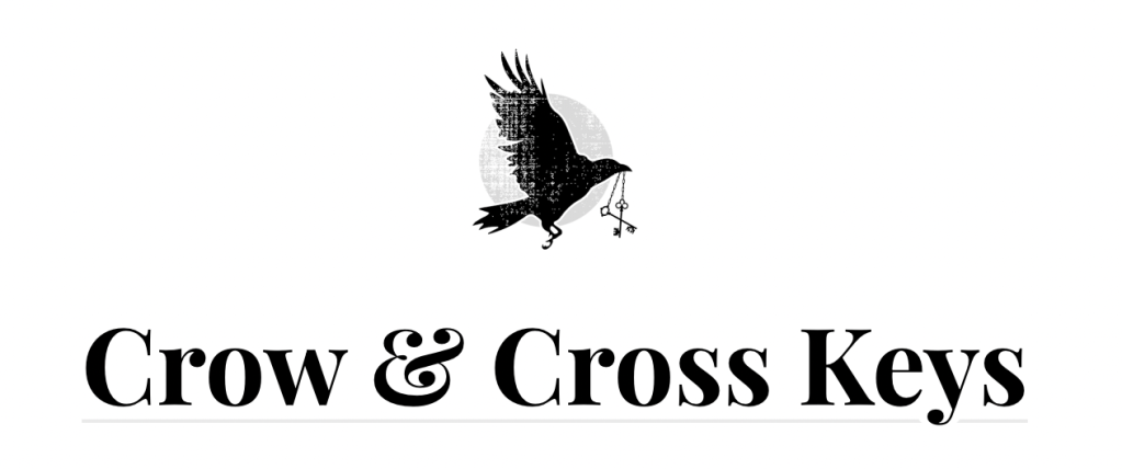 Image of a journal logo. The silhouette of a crow holds two old-fashioned skeleton keys in his beak. The moon is behind him. The name of the journal is below the crow. Crow & Cross Keys.
