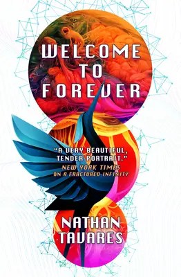 Image of a book cover. A blue bird that looks like a heron flies upward over the top of three intersecting orange and pink circles. The title is Welcome to Forever.