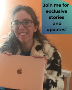 Photo of a white woman with brown hair and glasses holding a pink laptop and smiling at the camera. A blue ombre box with a rounded corner is above her shoulder. Black text in that says "Join me for exclusive stories and updates!"