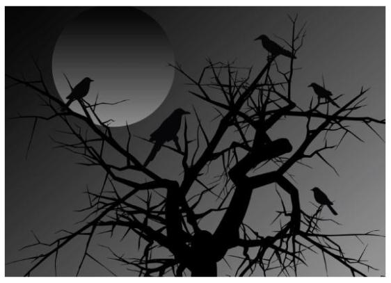 Black and white drawing of birds in a tree without leaves in front of a moon.