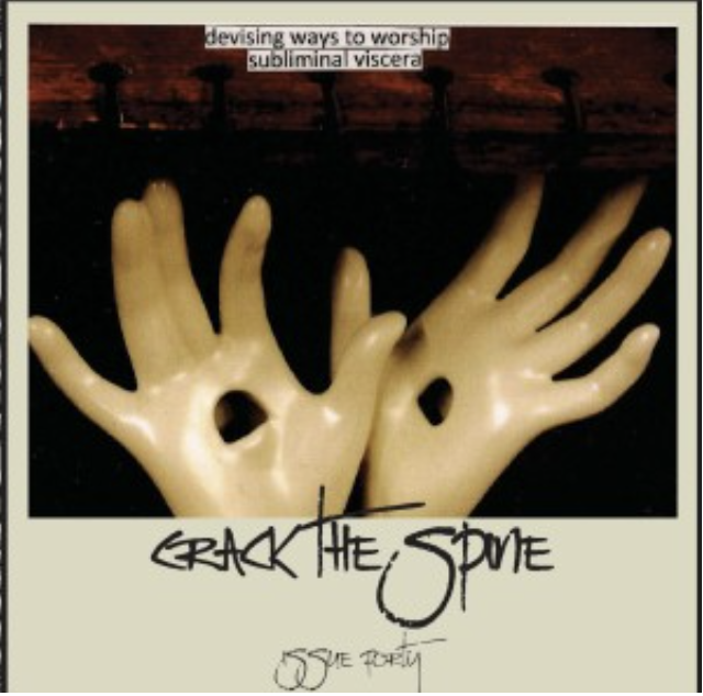 Mannequin hands with one hole in the middle of each palm extend upward. The words "devising ways to worship subliminal viscera" are written above them.