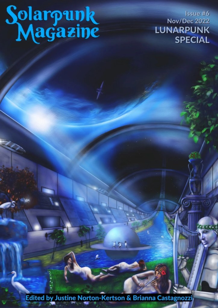 What appears to be the inside of a spaceship with women lounging around a river with plants. The words "Solarpunk Magazine" are written in blue on the image.
