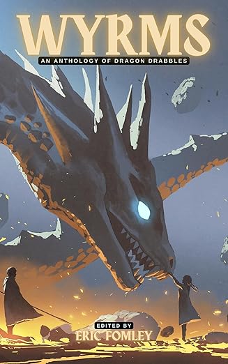 A gray dragon with a glowing blue eye leans its head down toward a young girl.