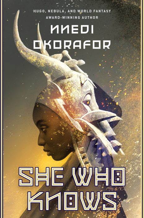 Image of a book cover. A Black teenager wears what appears to be a headdress of animal horns. There are specks of something floating around her. The title is in white font - She Who Knows.