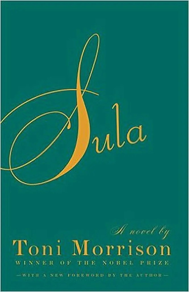 Image of a book cover. The name Sula is written in gold text on a greenish background. 
