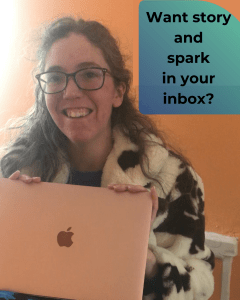 Image of a white woman holding a pink laptop and beaming at the camera. Text next to her reads "Want story and spark in your inbox?"