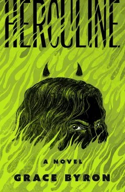 Image of a book cover. The silhouette of a woman's head with horns rises up in green grass. The book is Herculine by Grace Byron.